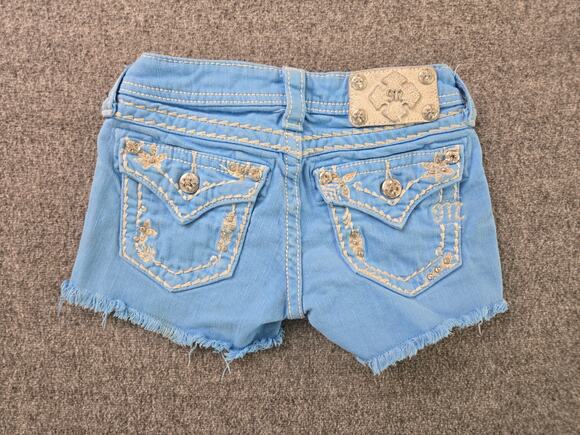 Miss Me Other - Miss Me Sky Blue Frayed Denim Shorts Youth Girls Sz 10 Mcbling Y2K Rhinestone